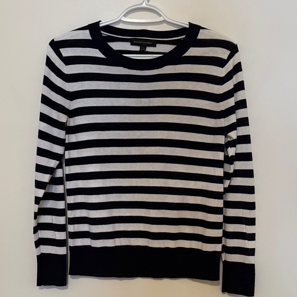 Banana Republic Navy Blue and White Striped Crew Neck Sweater - Picture 1 of 7